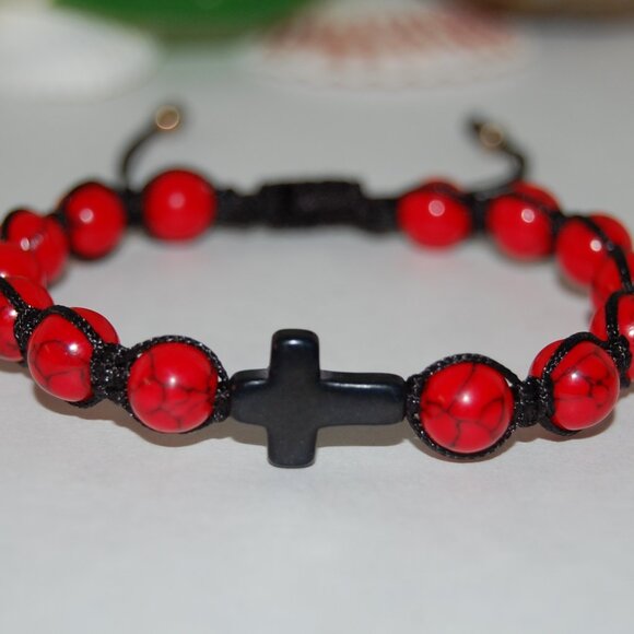 Cross Bracelet,Red Howlite Bracelet,Cross Howlite Bracelet,Drawstring Bracelet - Picture 2 of 2